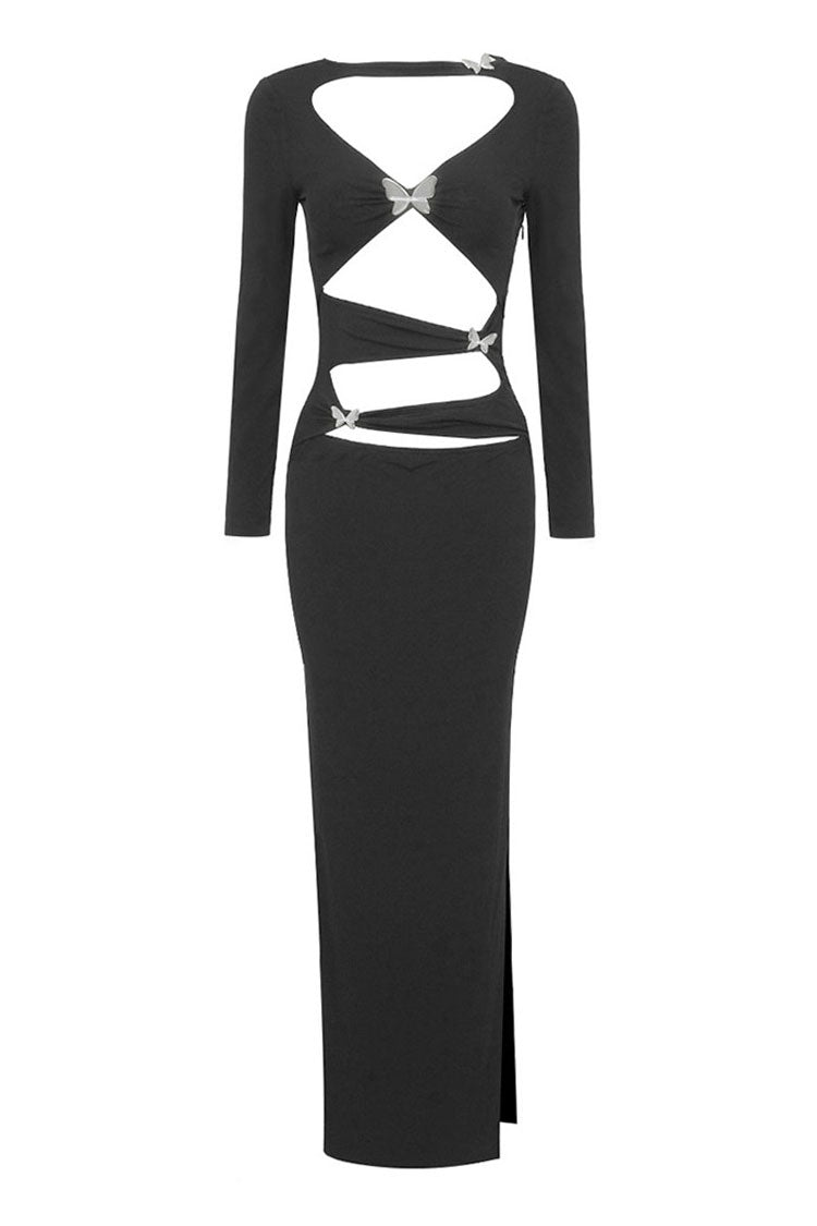 Sparkly Butterfly Long Sleeve Ruched Cutout Bodycon Evening Maxi Dress