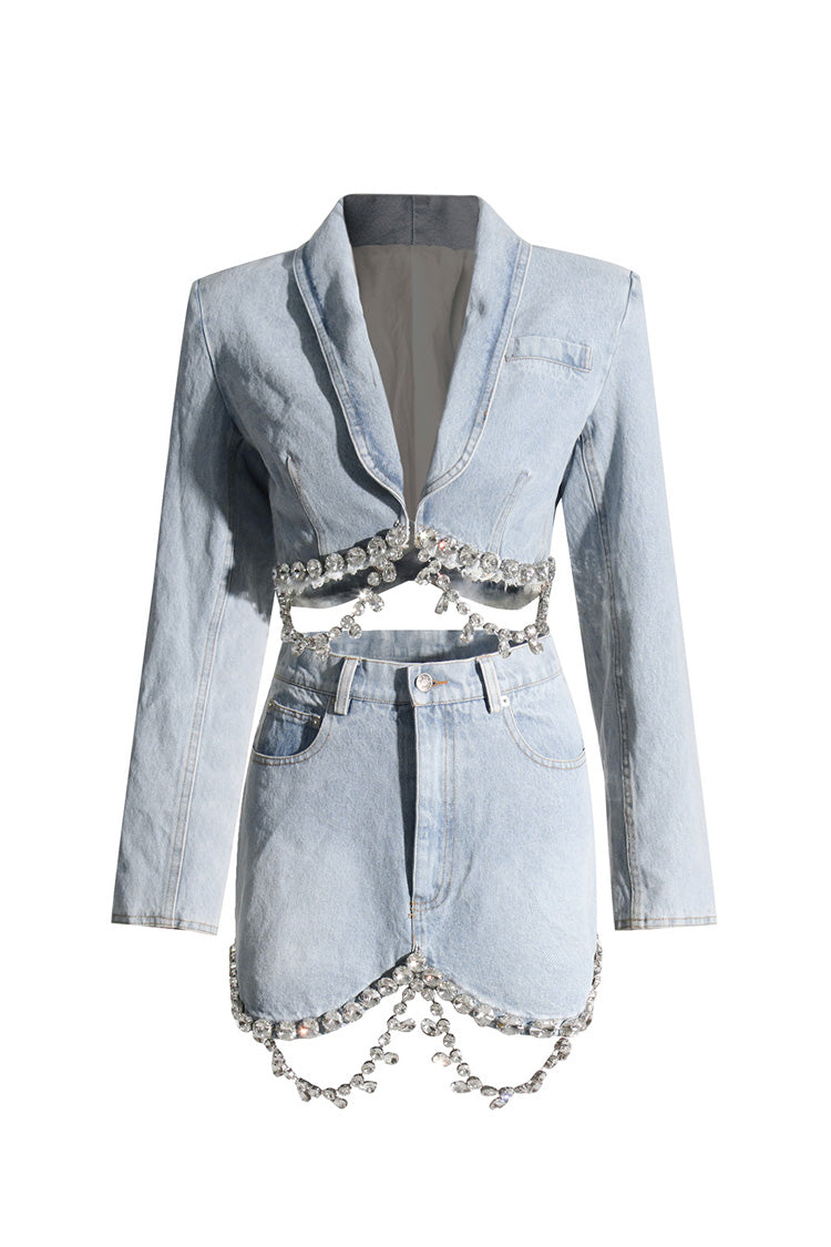 Sparkly Dangled Diamante Frayed Hem Shawl Collar Cropped Denim Jacket