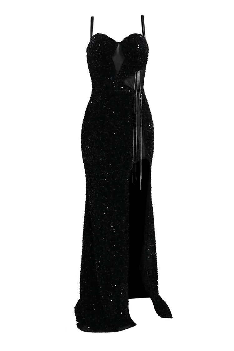 Sparkly Sequin Bustier Crystal Tassel Mesh Panel Split Evening Maxi Dress