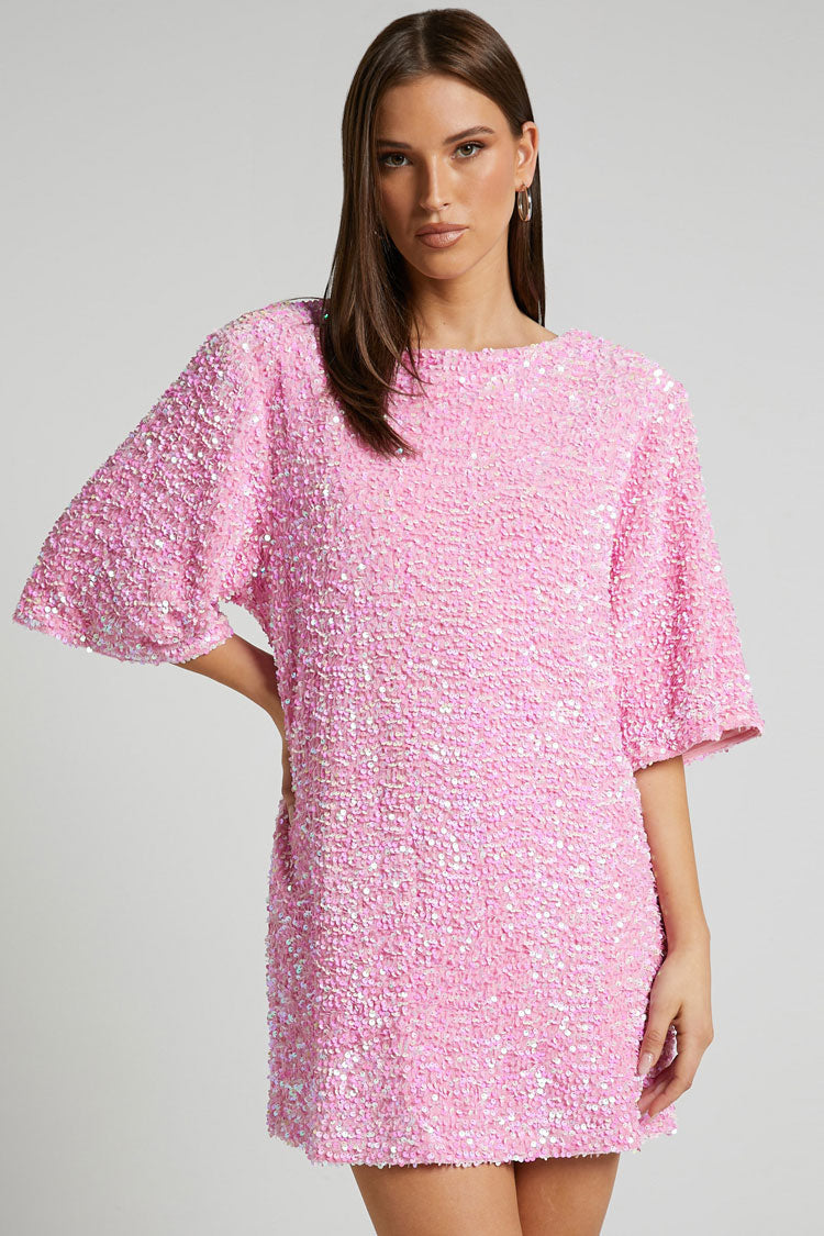 Sparkly Sequin Crew Neck Short Sleeve Oversized Velvet Party Mini Dress - Pink