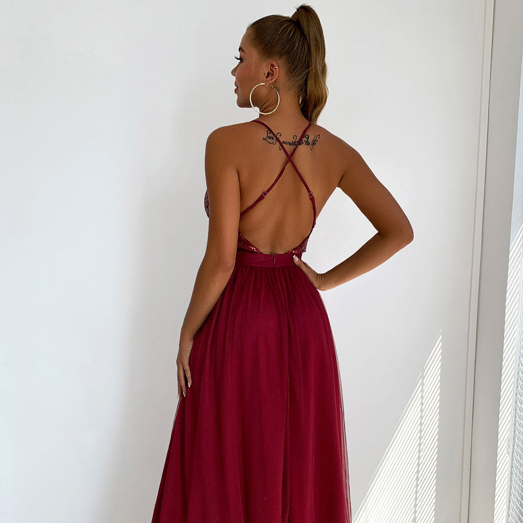 Sparkly Sequin Panel Mesh Deep V Backless Evening Maxi Dress - Burgundy