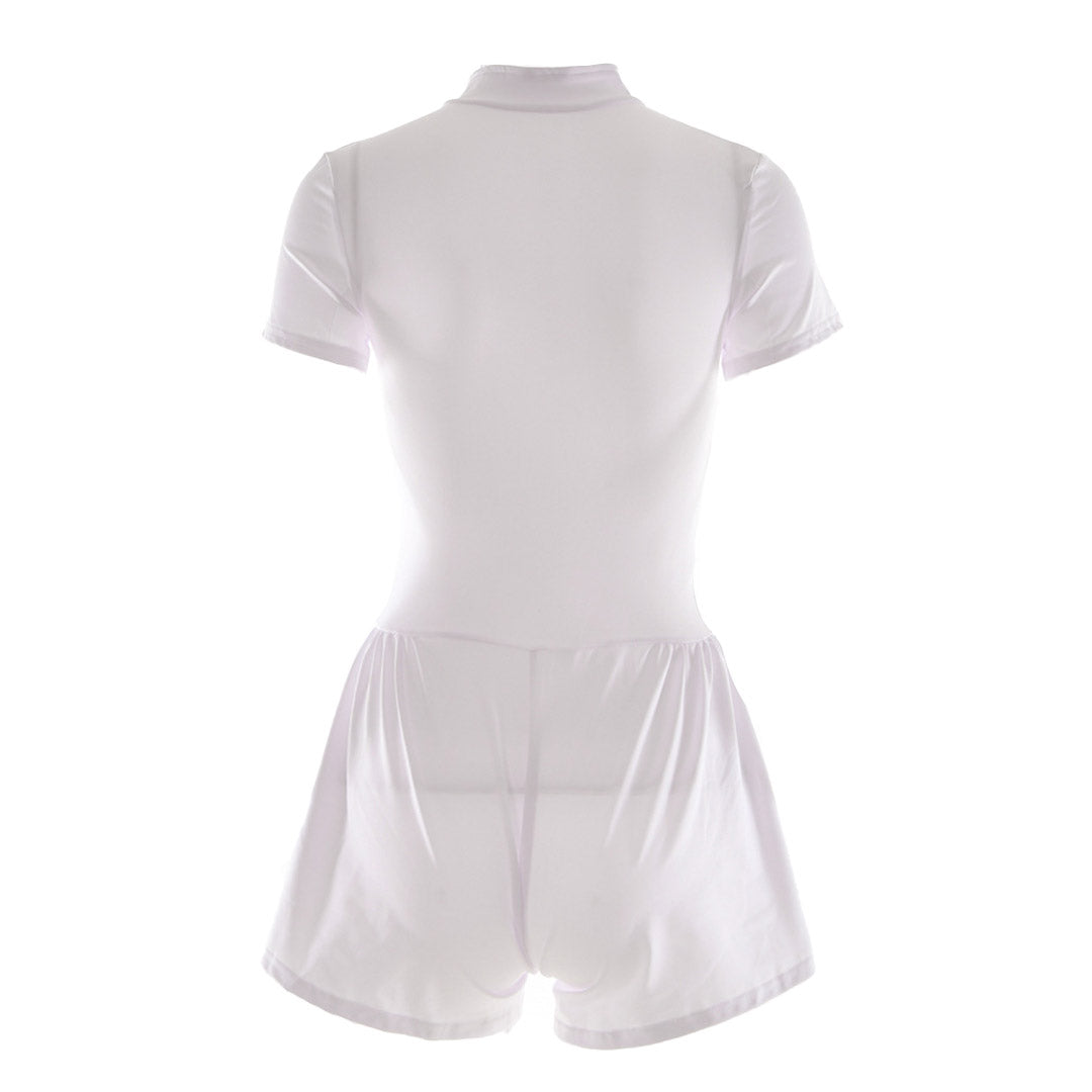 Sporty Ruffle Leg Short Sleeve Mock Neck Zip Up Romper - White