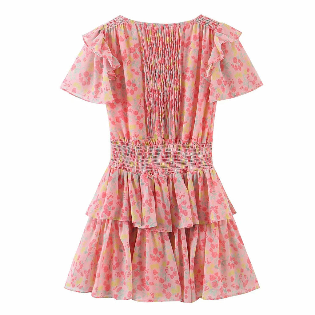 Sweet Style Frilled Tiered Ruffle Floral Printed Mini Dress - Pink