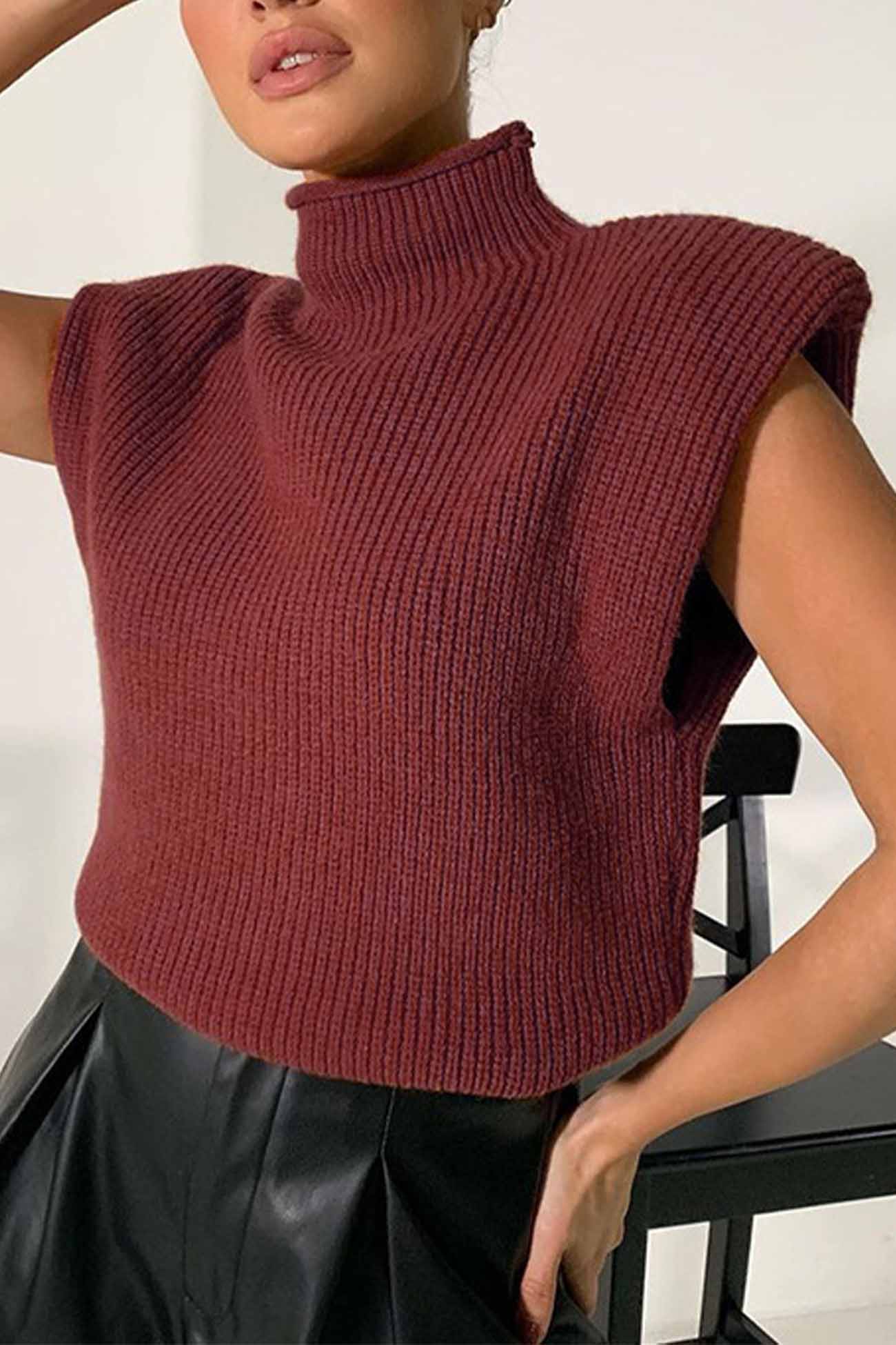 Solid Mock Neck Sleeveless Sweater