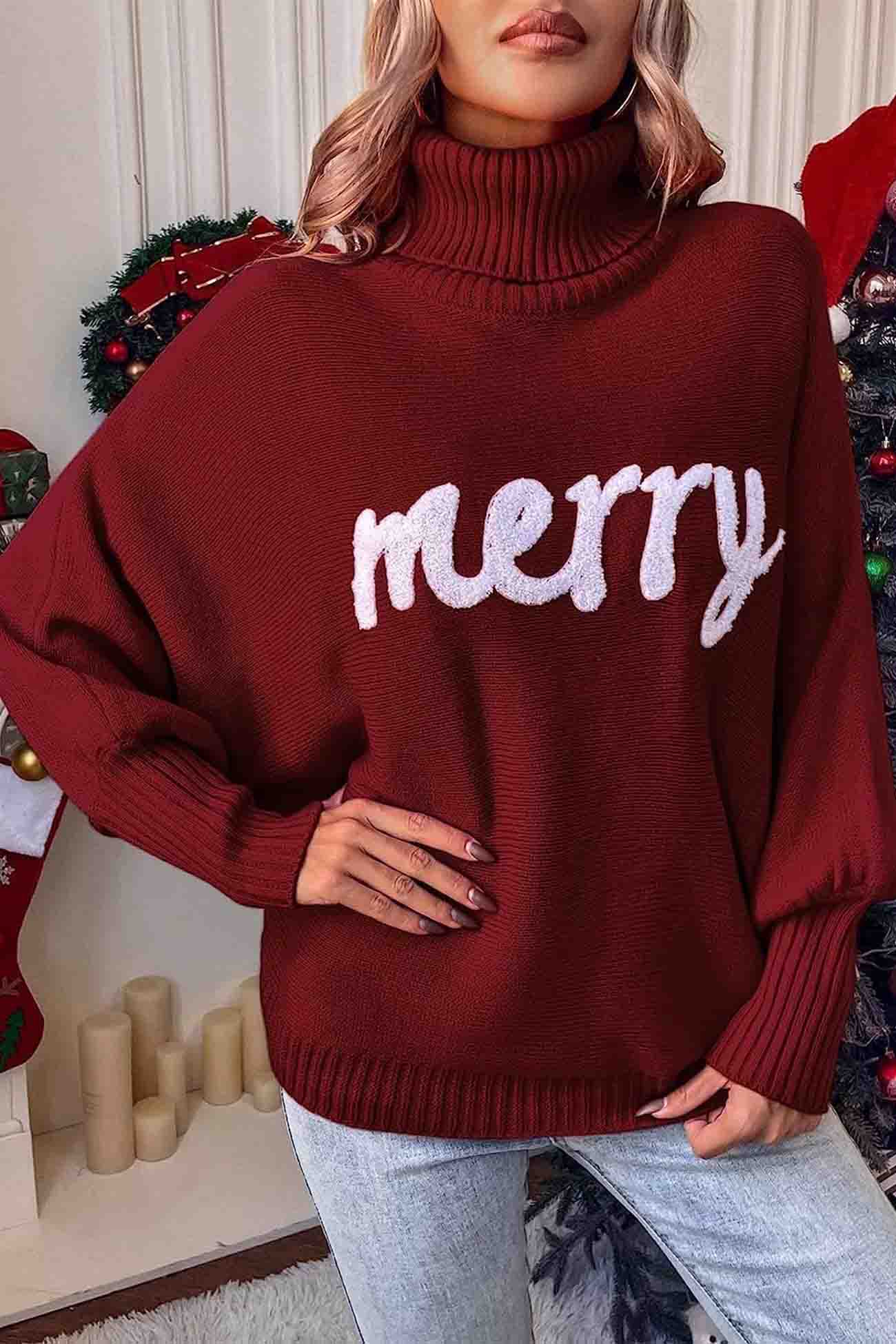 Merry Printed Dolman Sleeve Turtleneck Knitted Sweater