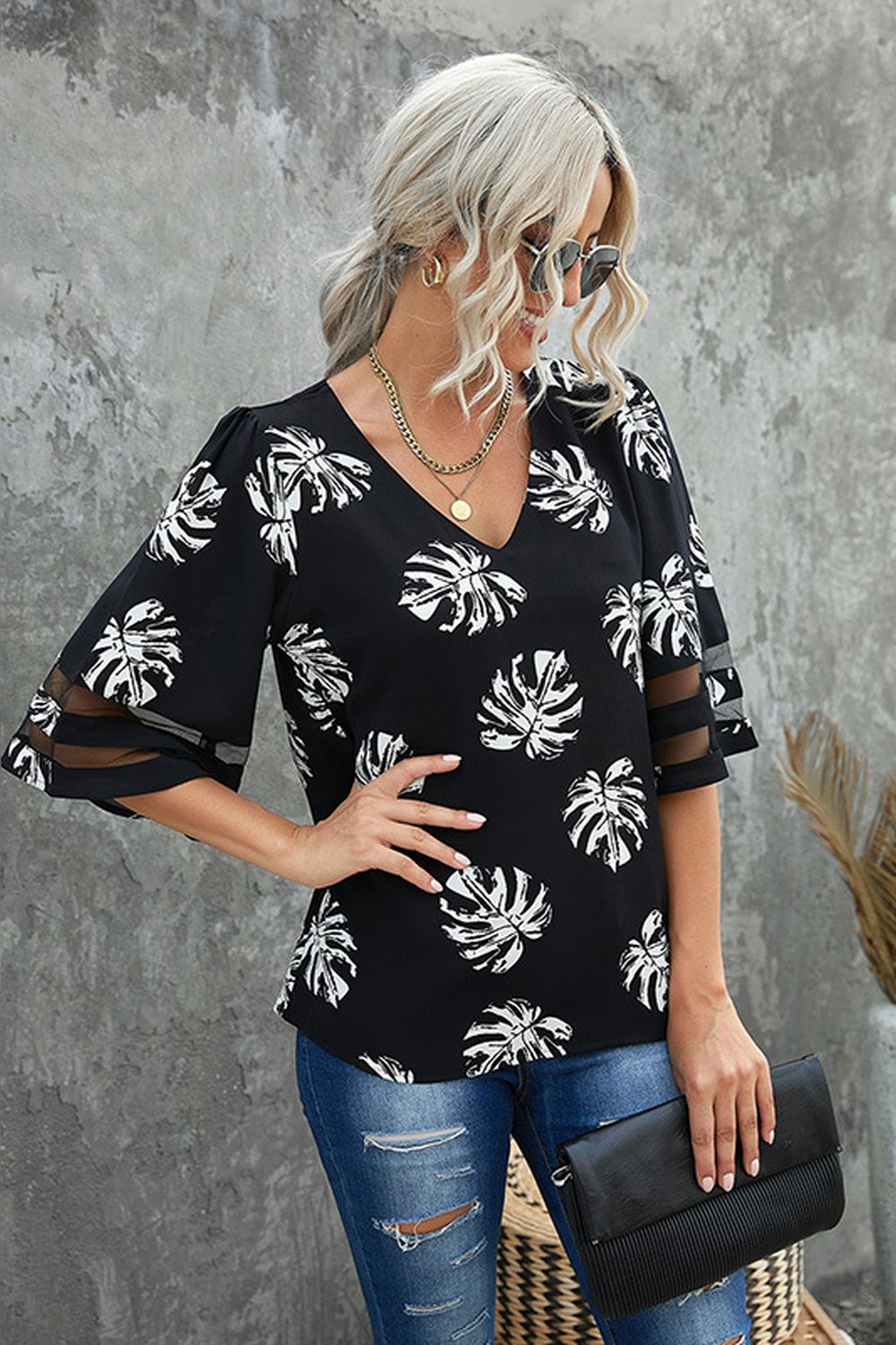 Leaf Print V-Neck Half-Sleeve Chiffon Shirt