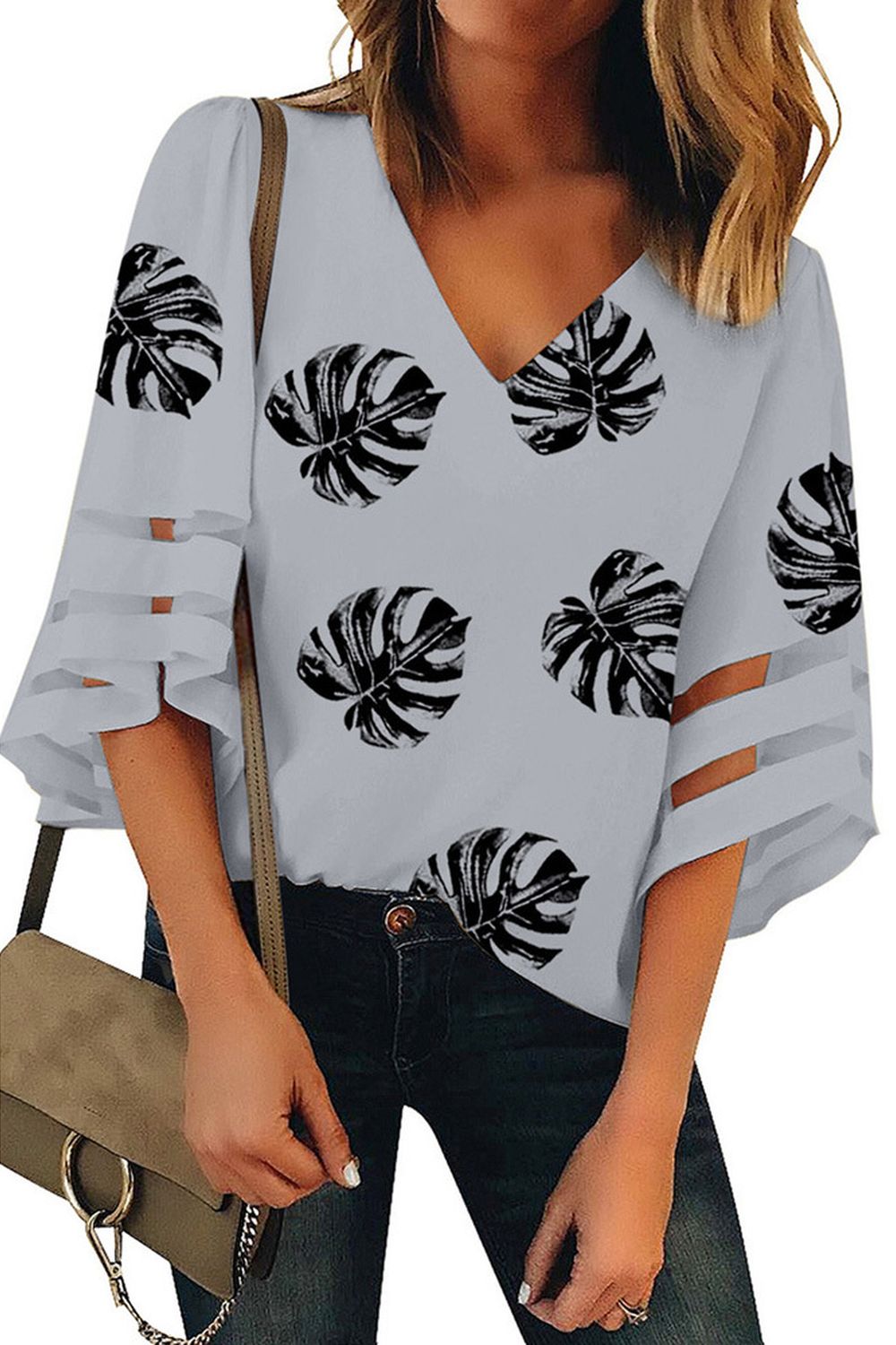 Leaf Print V-Neck Half-Sleeve Chiffon Shirt