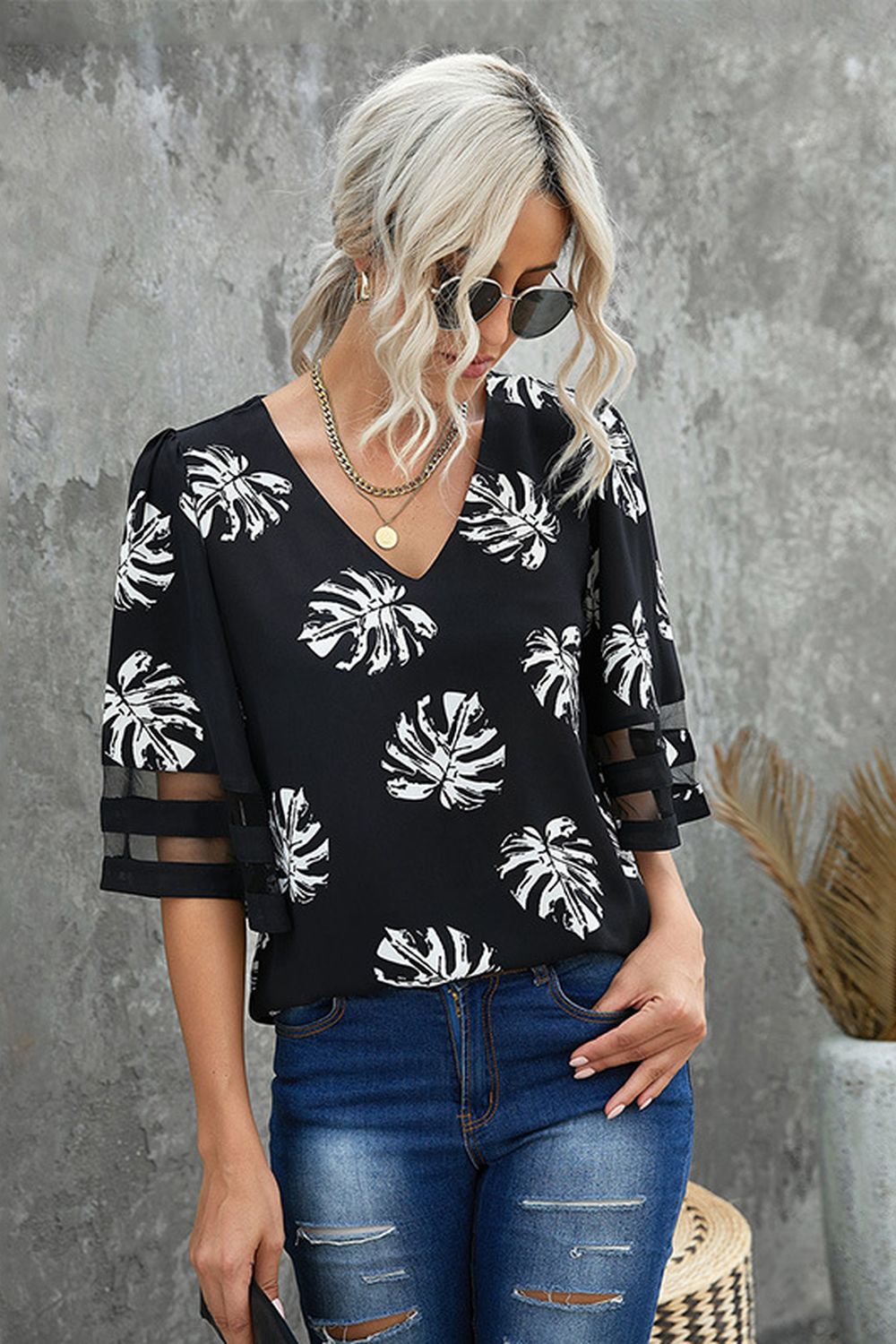 Leaf Print V-Neck Half-Sleeve Chiffon Shirt