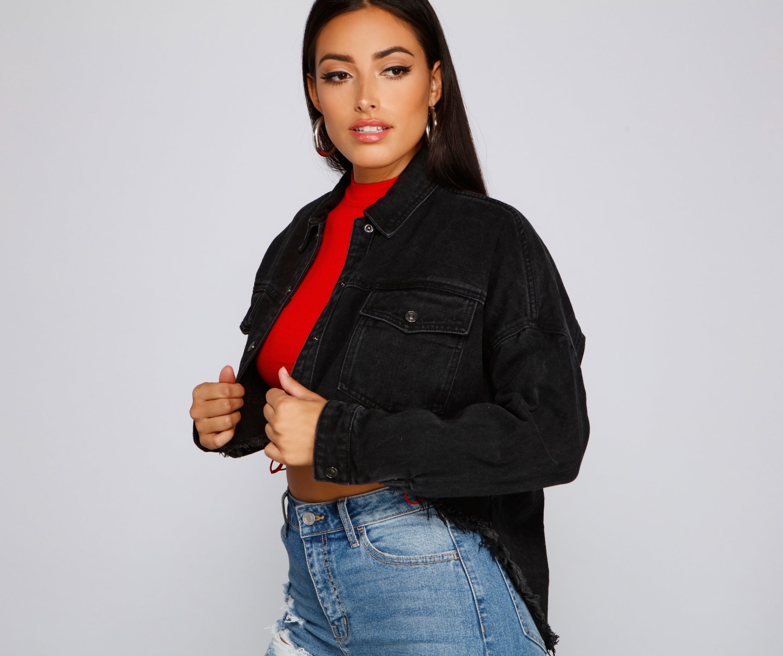 Casually Edgy High Low Cropped Denim Jacket