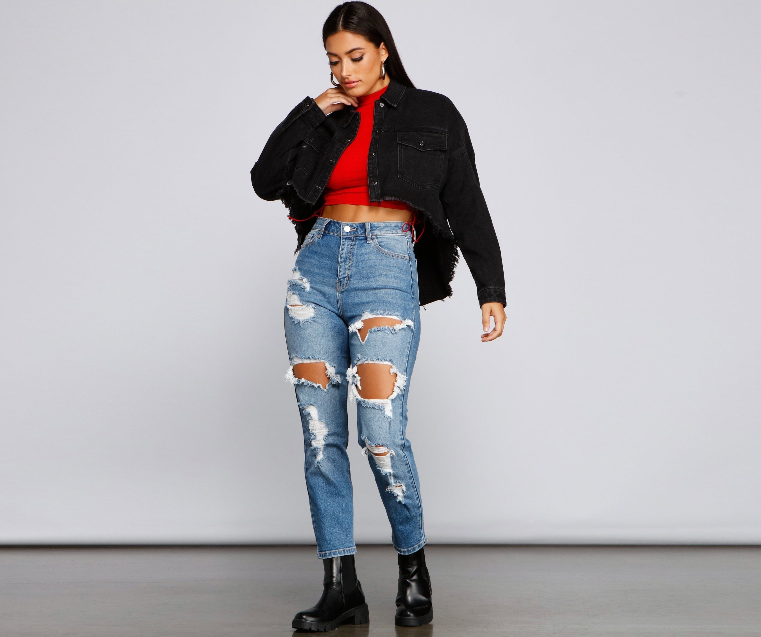 Casually Edgy High Low Cropped Denim Jacket