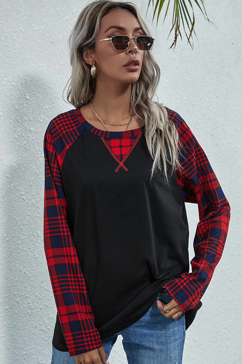 Long Sleeve Check Panel Top