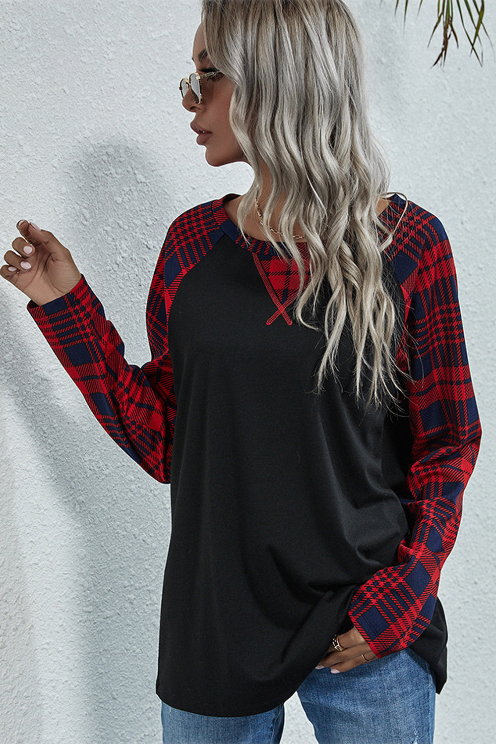 Long Sleeve Check Panel Top