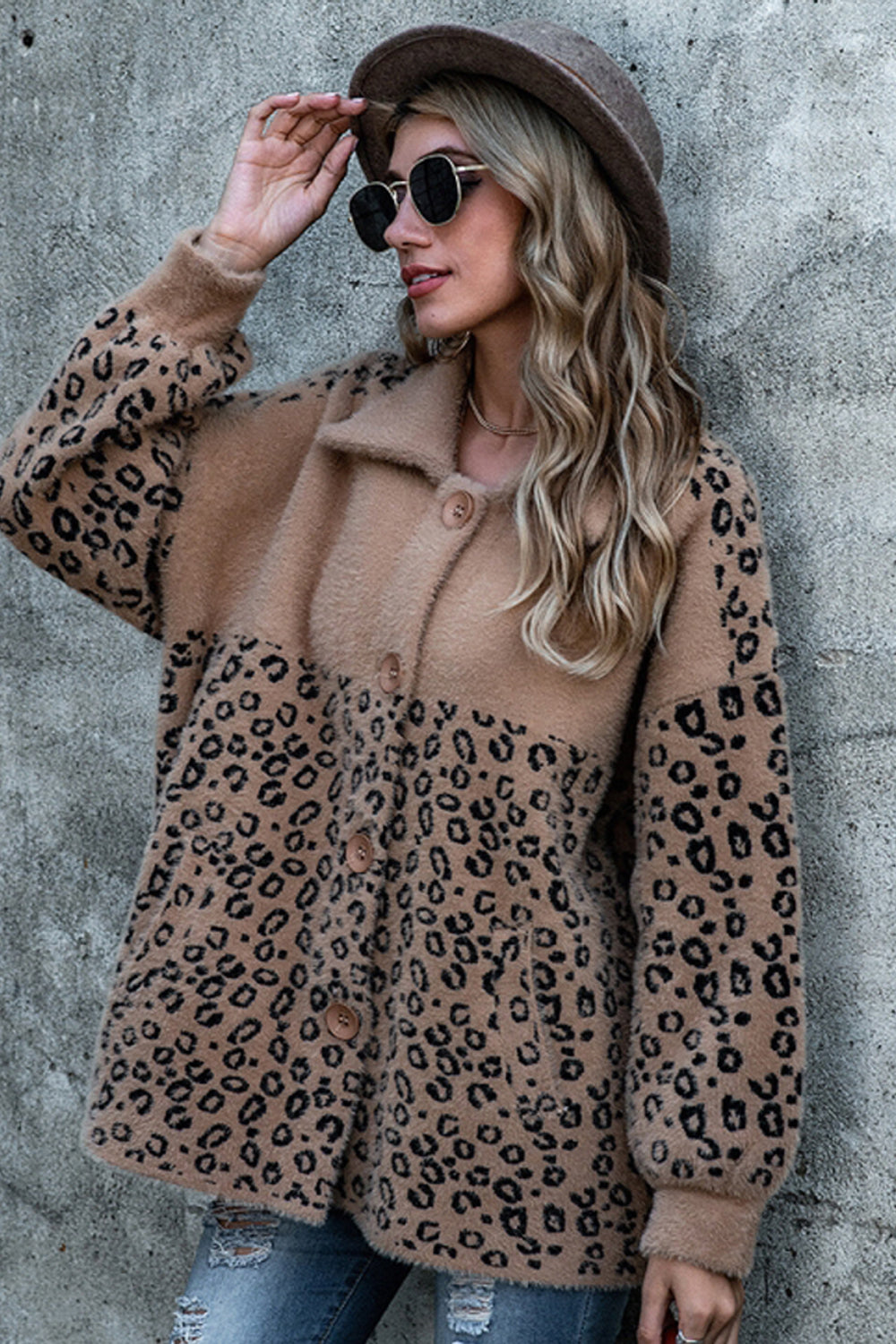 Leopard Print Stitching Button Plush Coat