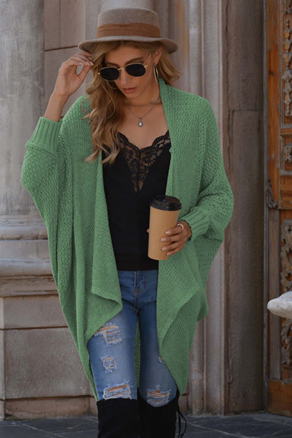 Solid Color Bat Sleeve Cardigan Knit Sweater