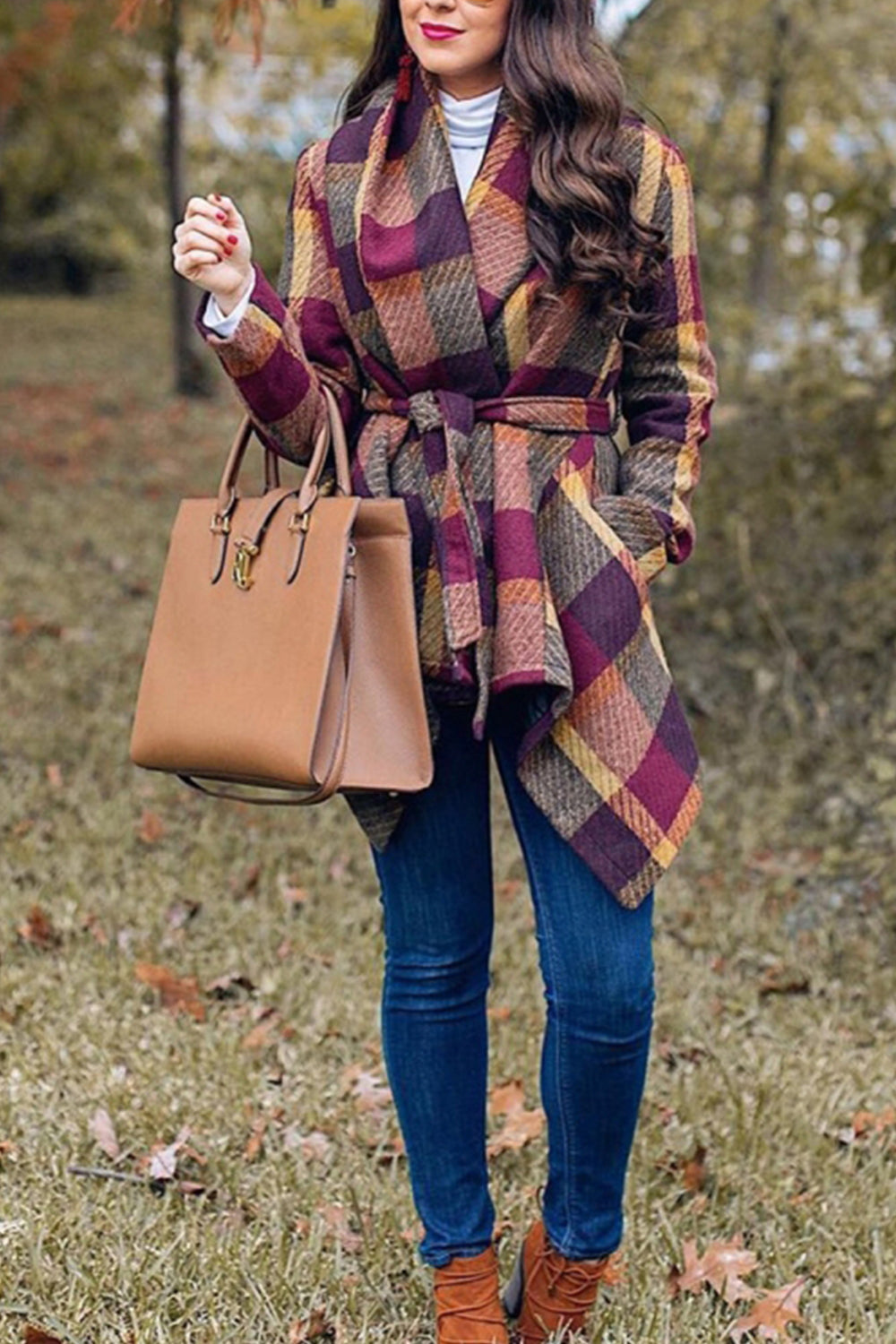 Tweed Belt Plaid Coat