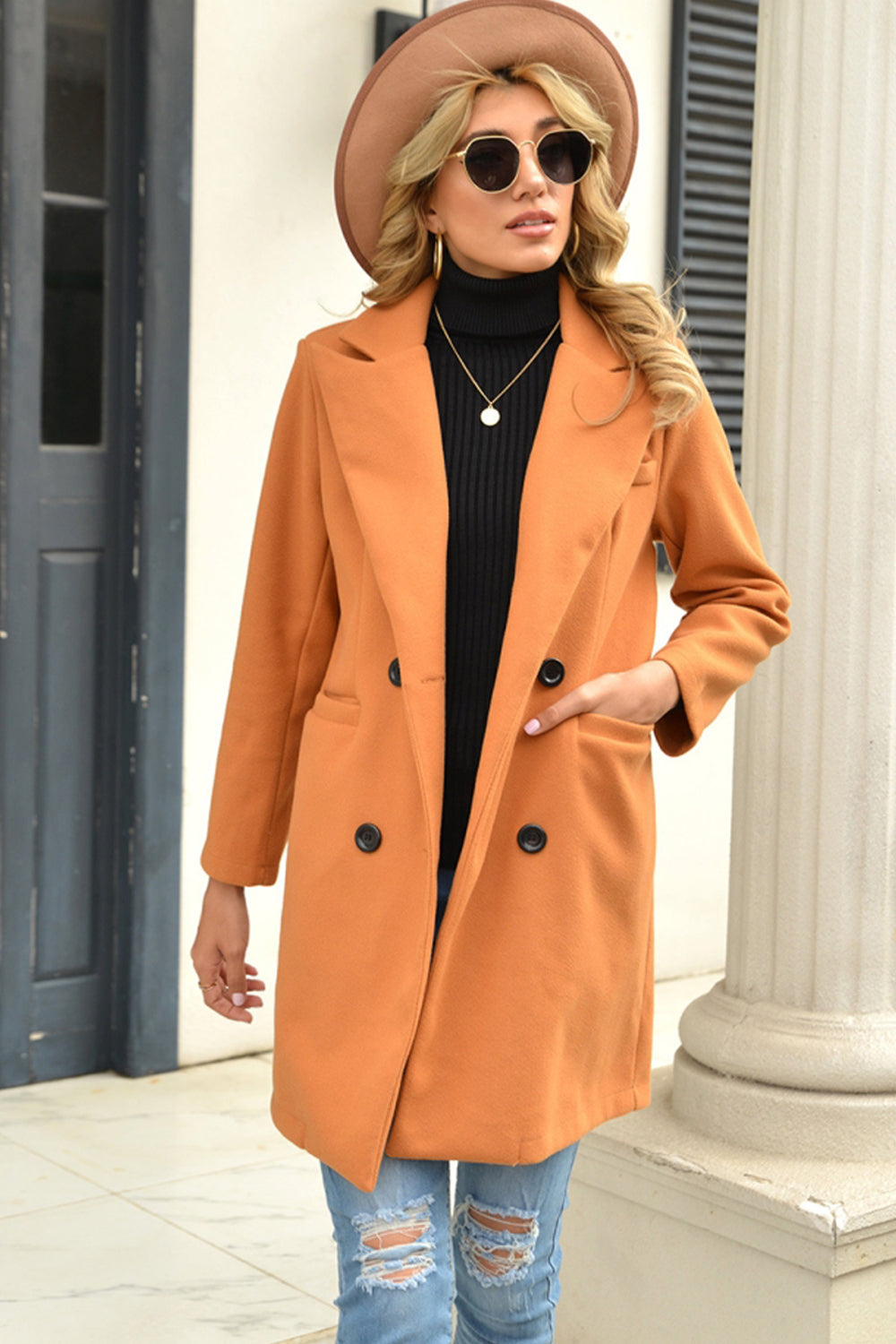 Solid Color Long Lapel Button Woolen Coat