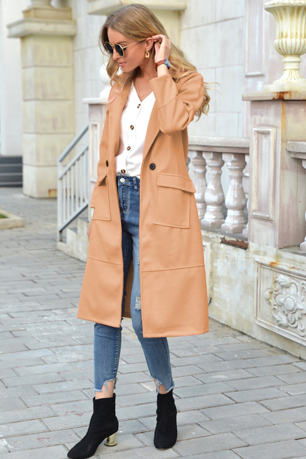 Solid Color Turn-Down Collar Long Woolen Coat