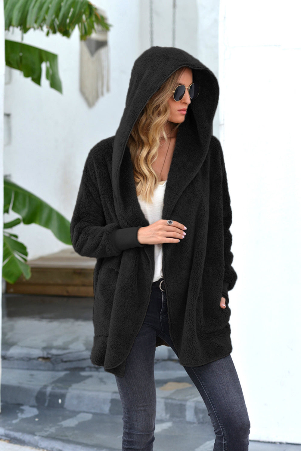 Plush Mid-Length Lapel Hooded Jacket