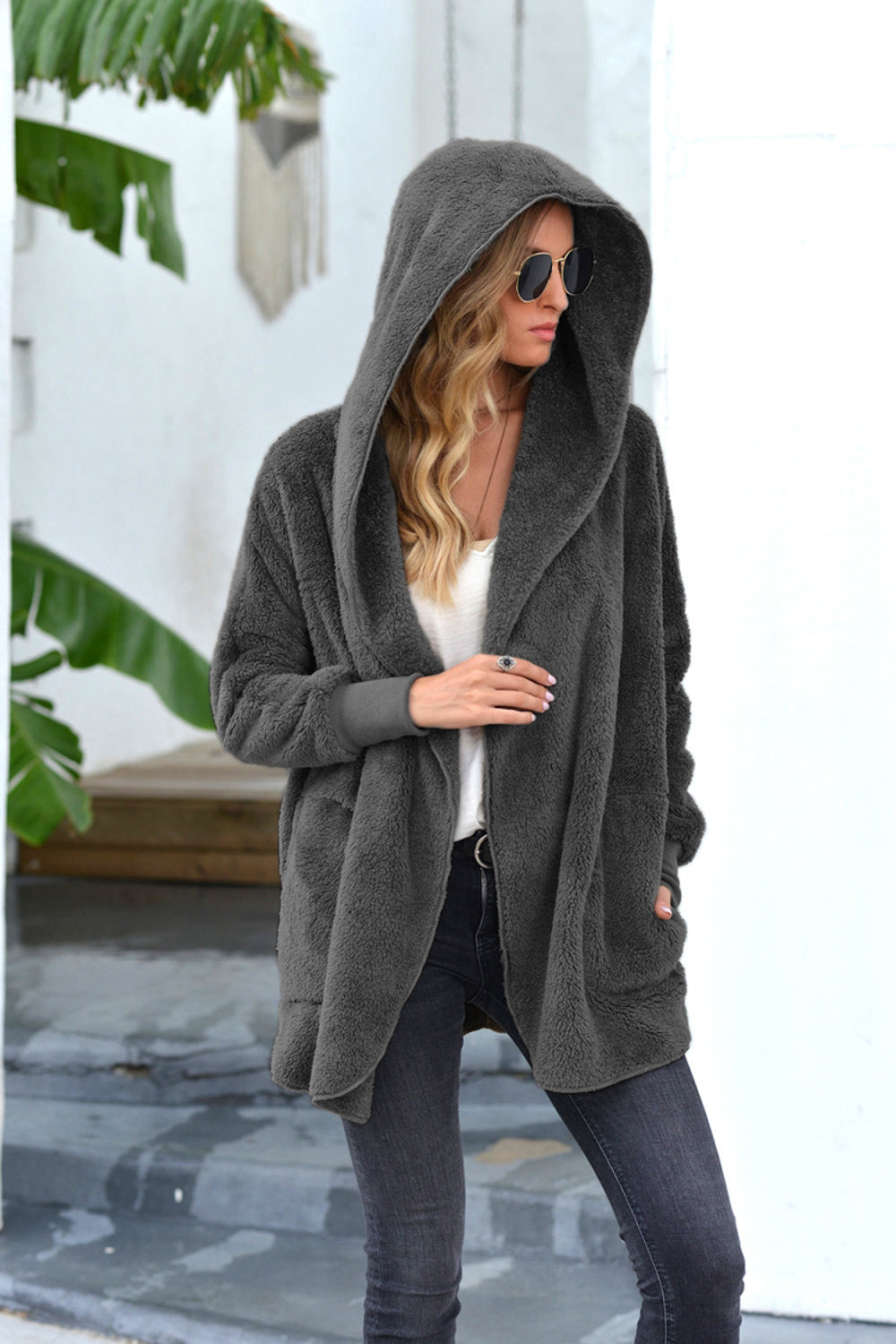 Plush Mid-Length Lapel Hooded Jacket