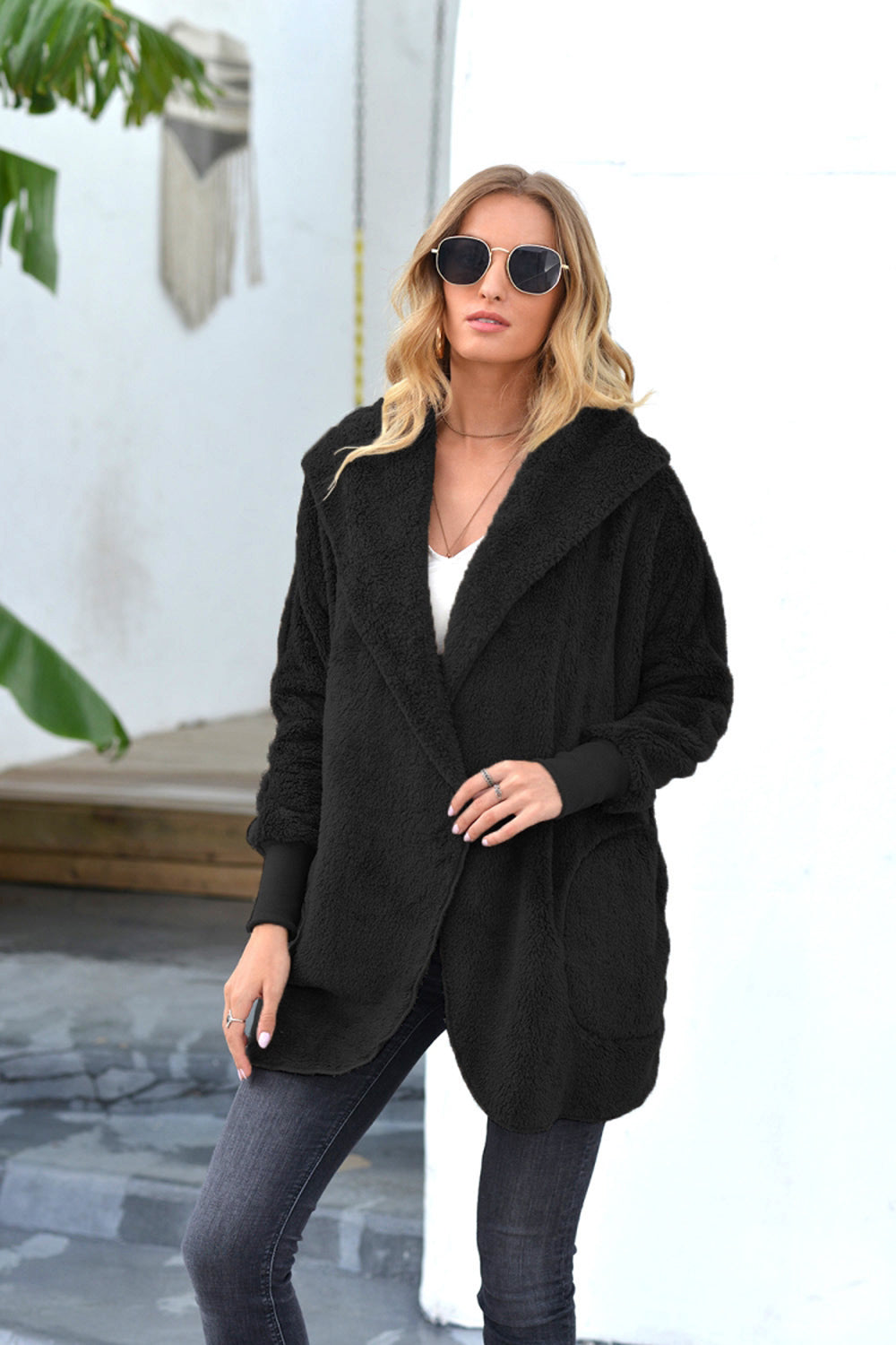 Plush Mid-Length Lapel Hooded Jacket