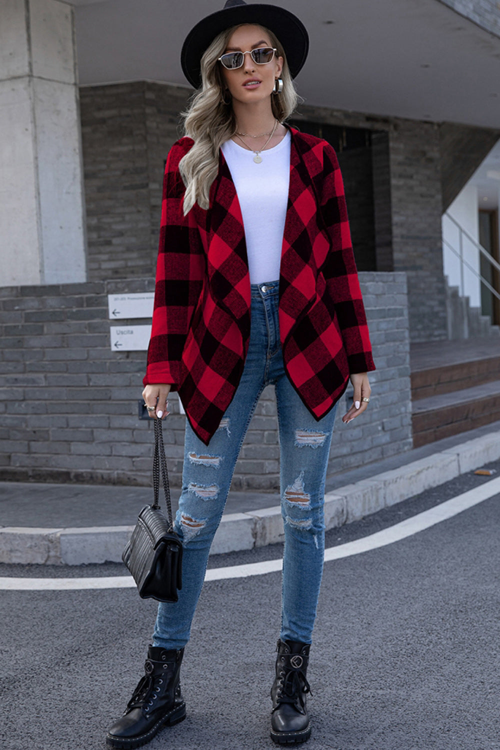 Plaid Tie Waist Suit Jacket