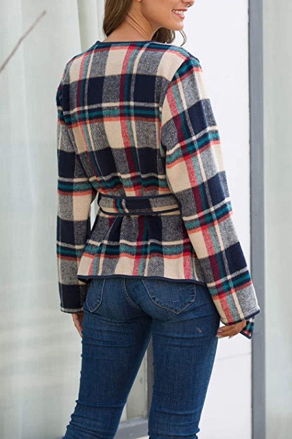 Plaid Tie Waist Suit Jacket