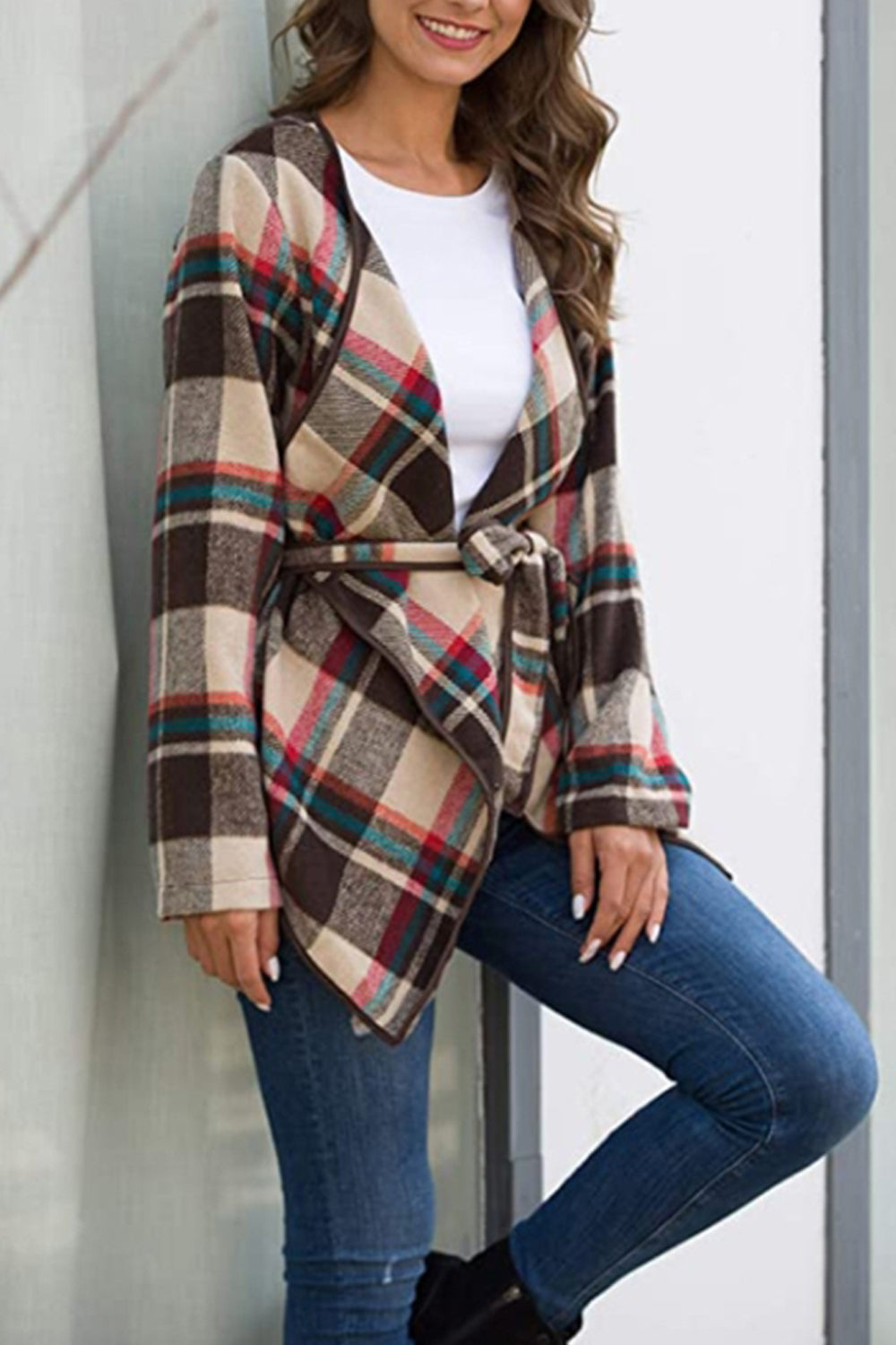 Plaid Tie Waist Suit Jacket