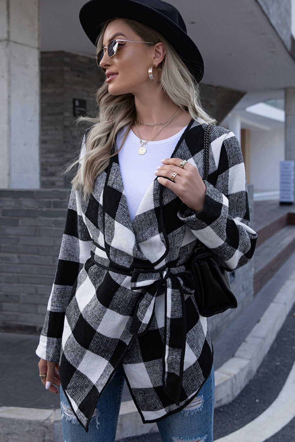 Plaid Tie Waist Suit Jacket