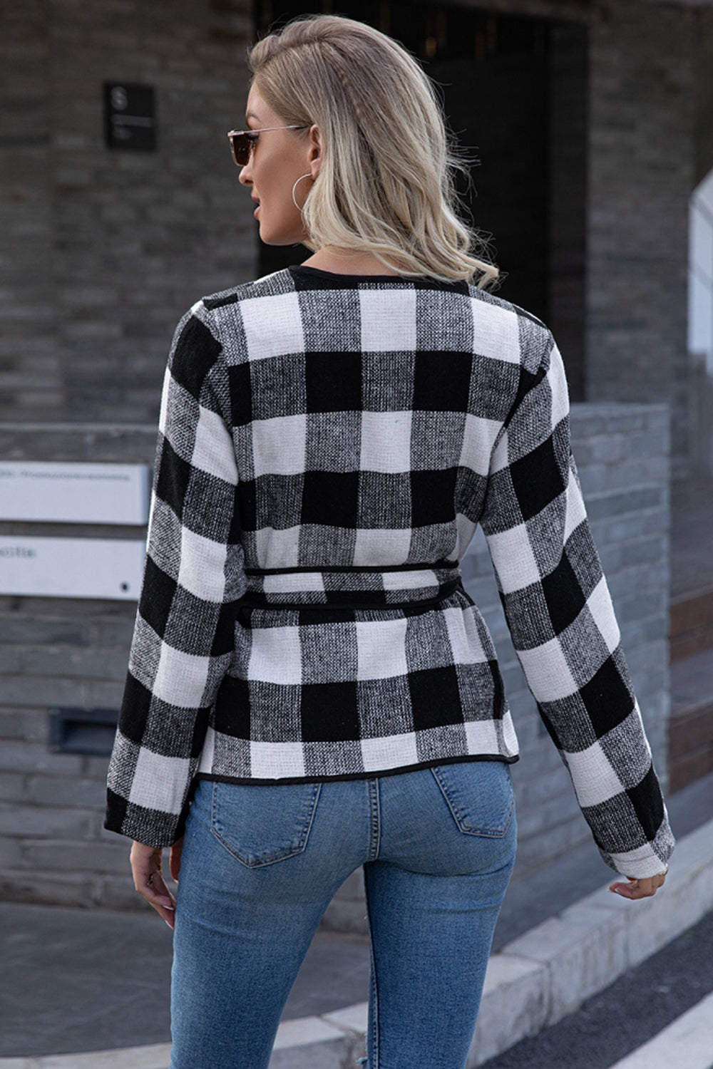 Plaid Tie Waist Suit Jacket