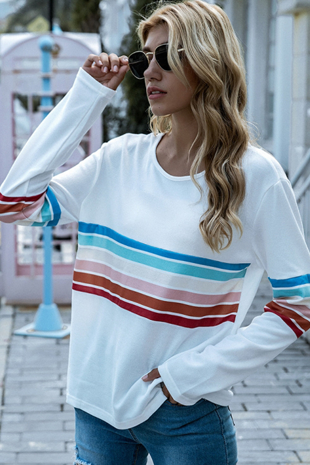 Round Neck Long Sleeve Striped Stitching Top