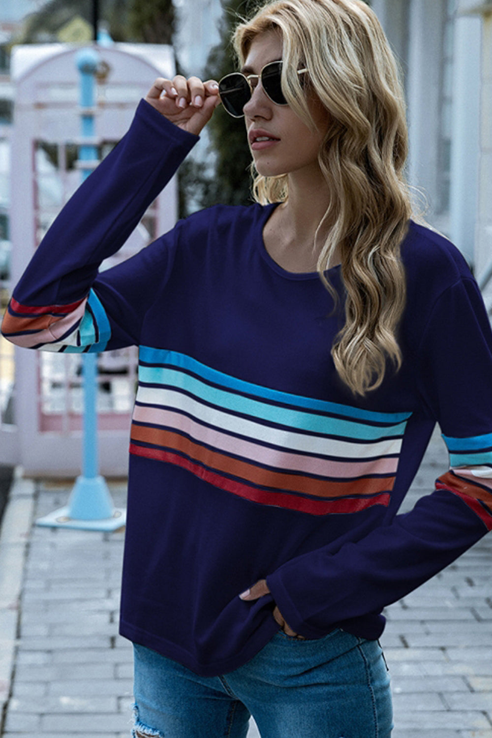 Round Neck Long Sleeve Striped Stitching Top