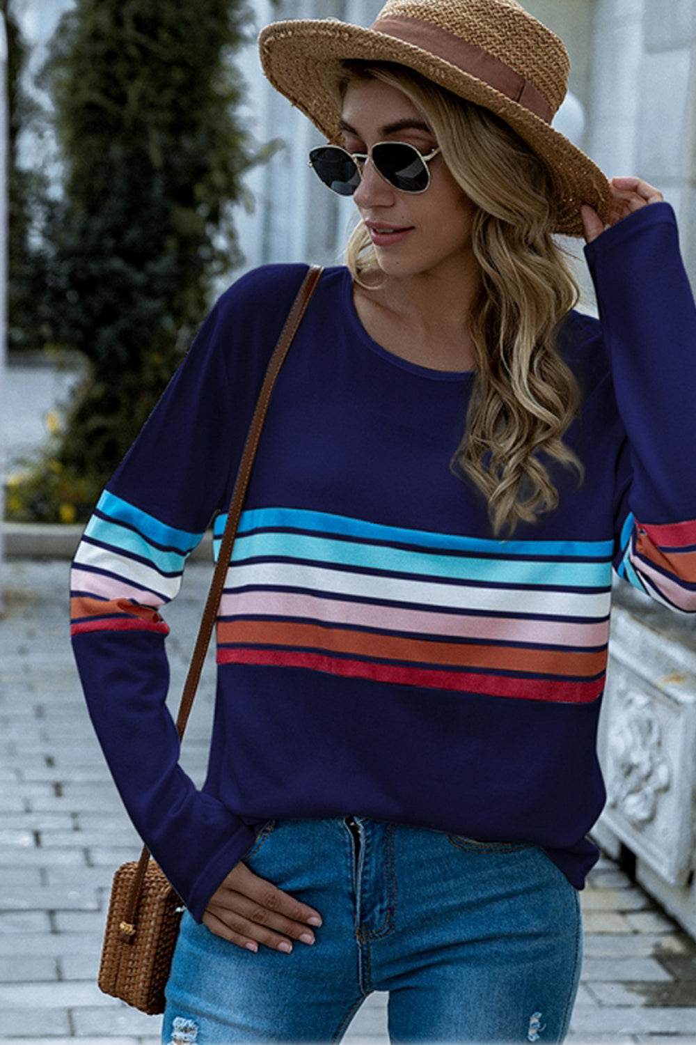 Round Neck Long Sleeve Striped Stitching Top