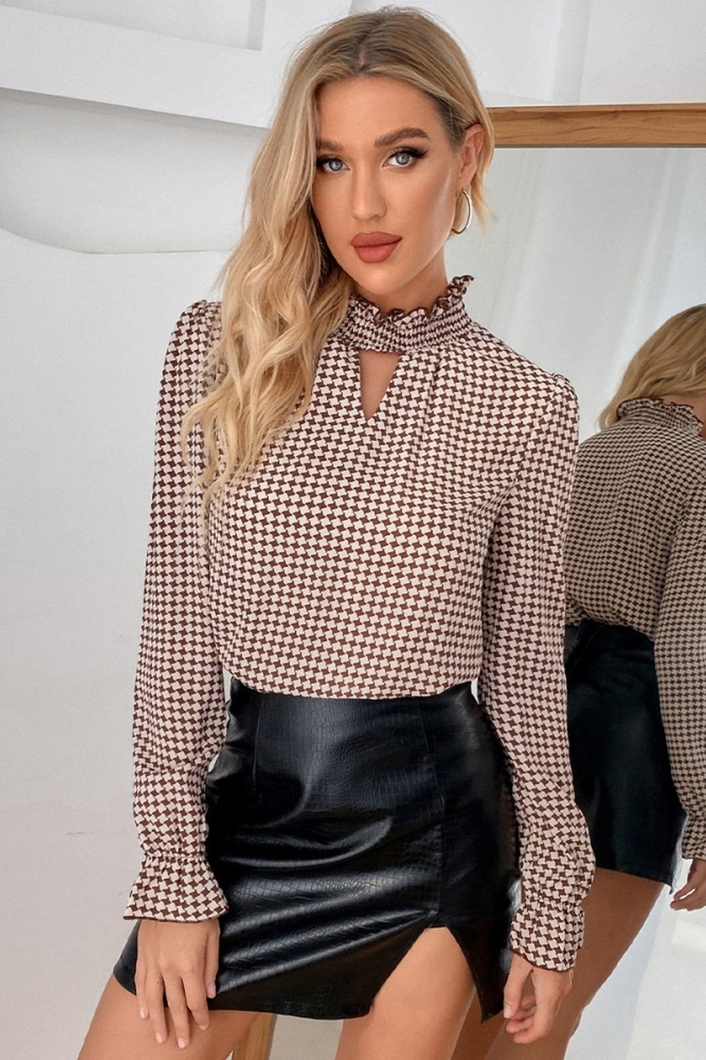 Stand-Up Collar Houndstooth Blouse