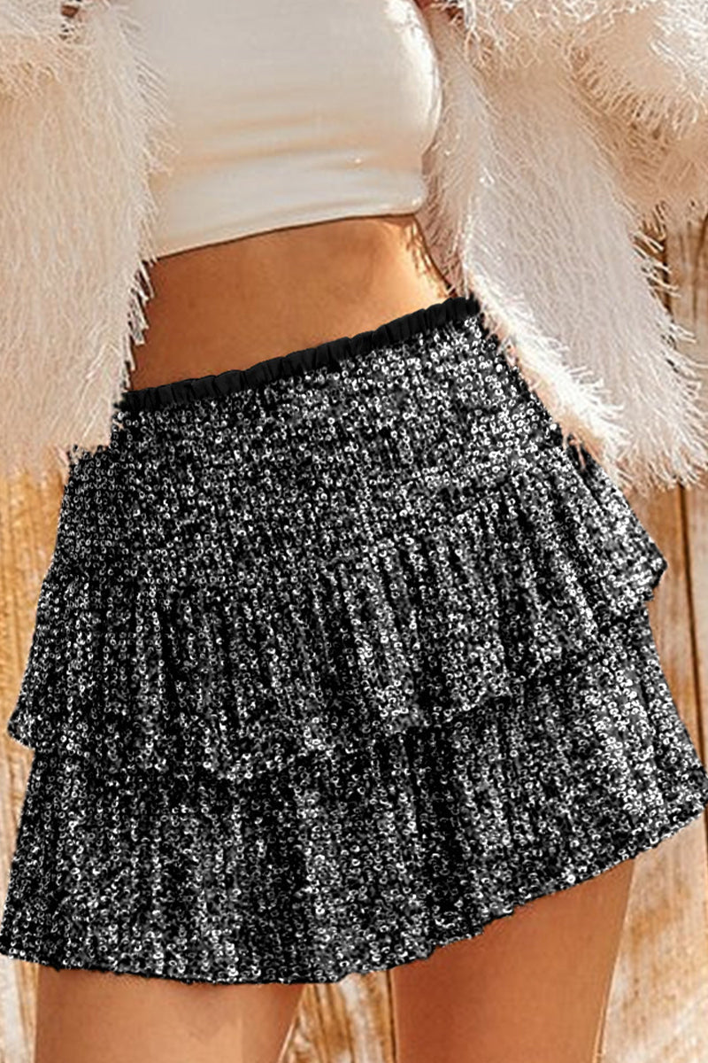 Casual Solid Sequins Pleated High Waist Type A Patchwork Bottoms