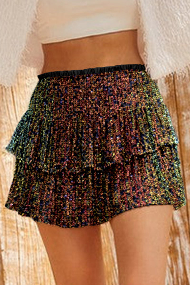 Casual Solid Sequins Pleated High Waist Type A Patchwork Bottoms