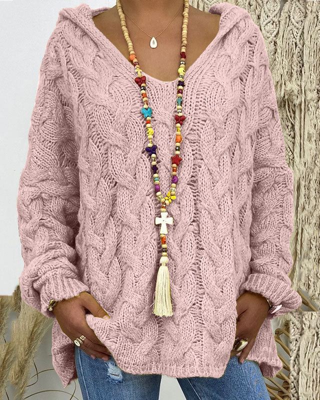 Loose thick-knit twist hooded sweater