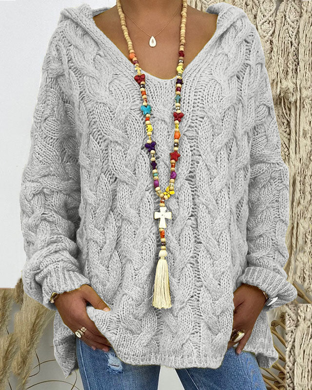 Loose thick-knit twist hooded sweater