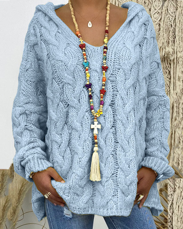 Loose thick-knit twist hooded sweater