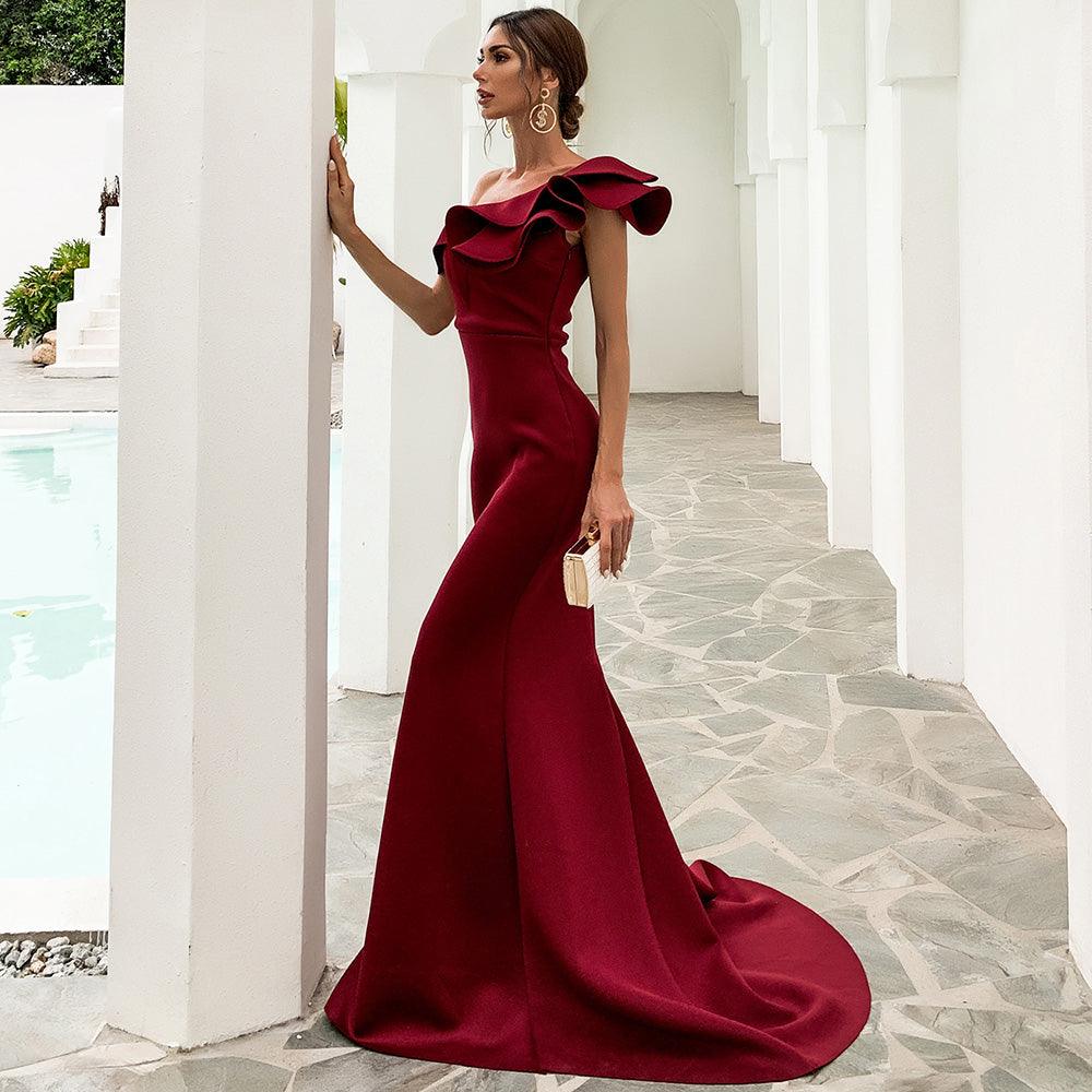 Ruffled Single Shoulder Evening Dress