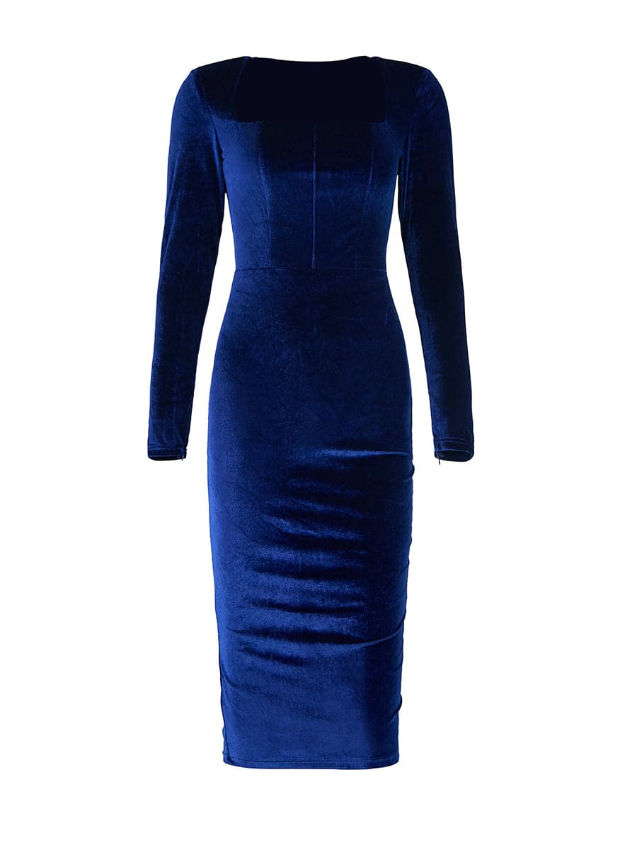 Square Neck Velvet Midi Cocktail Dress XJ413