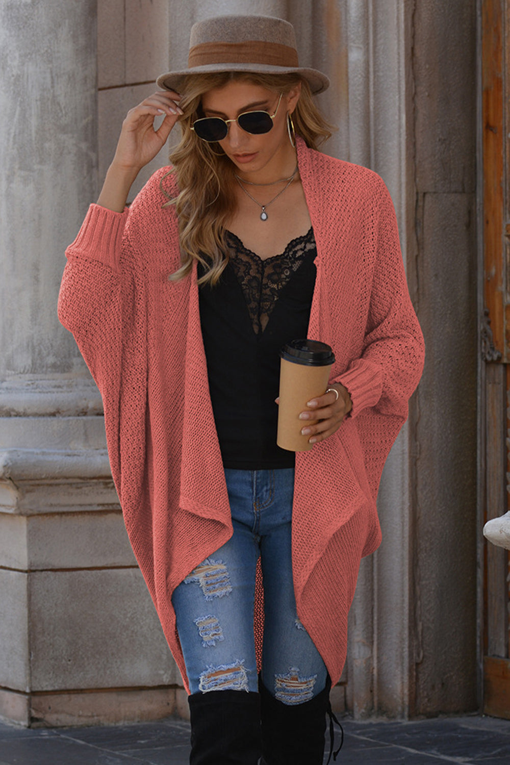 Solid Color Bat Sleeve Cardigan Knit Sweater