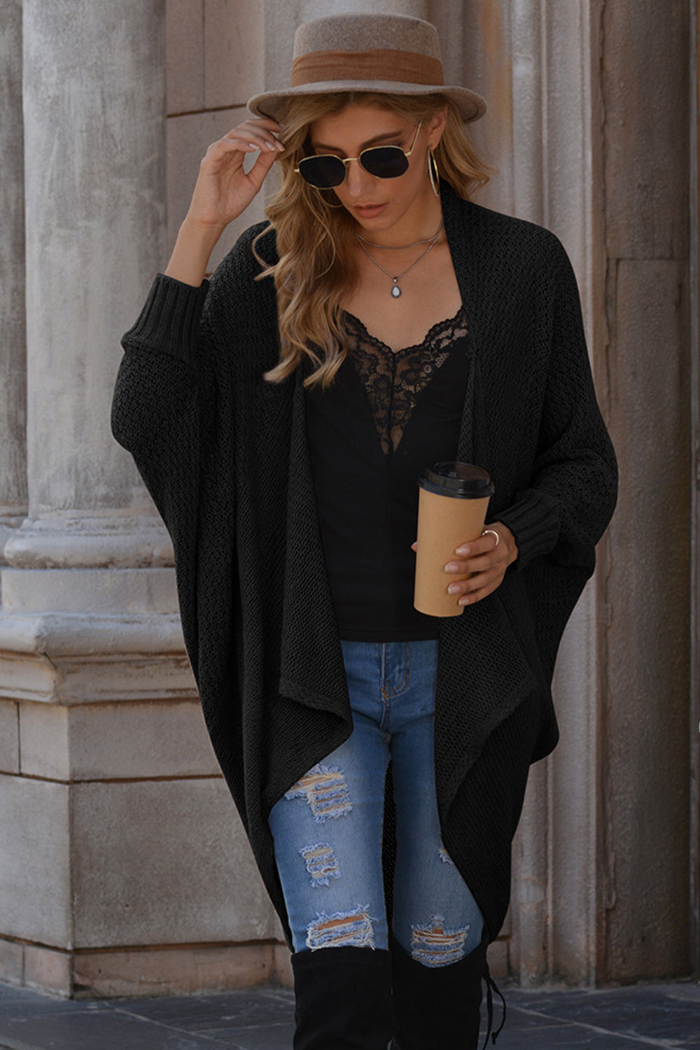 Solid Color Bat Sleeve Cardigan Knit Sweater