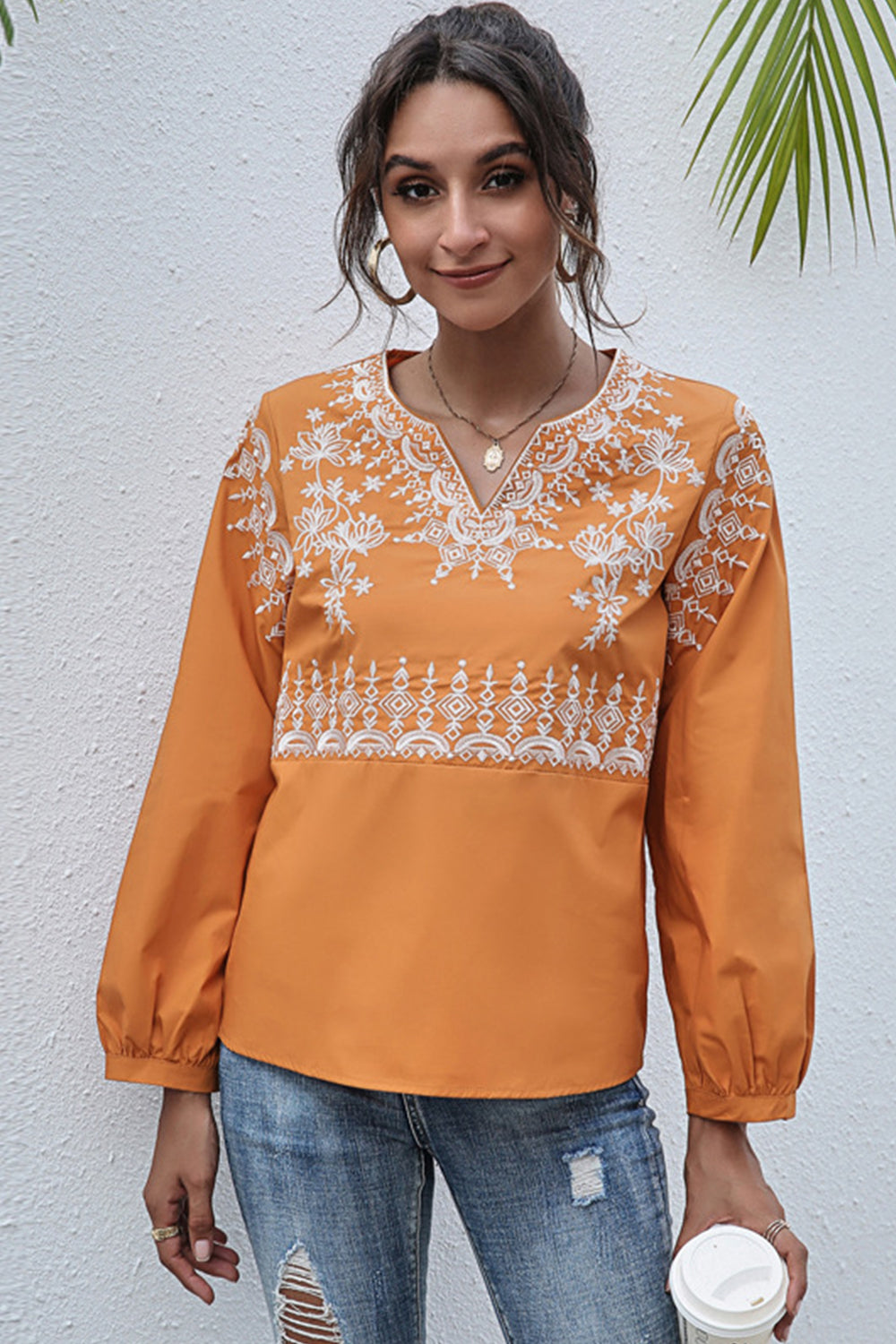 V-neck Printed Embroidery Long-sleeved T-shirt