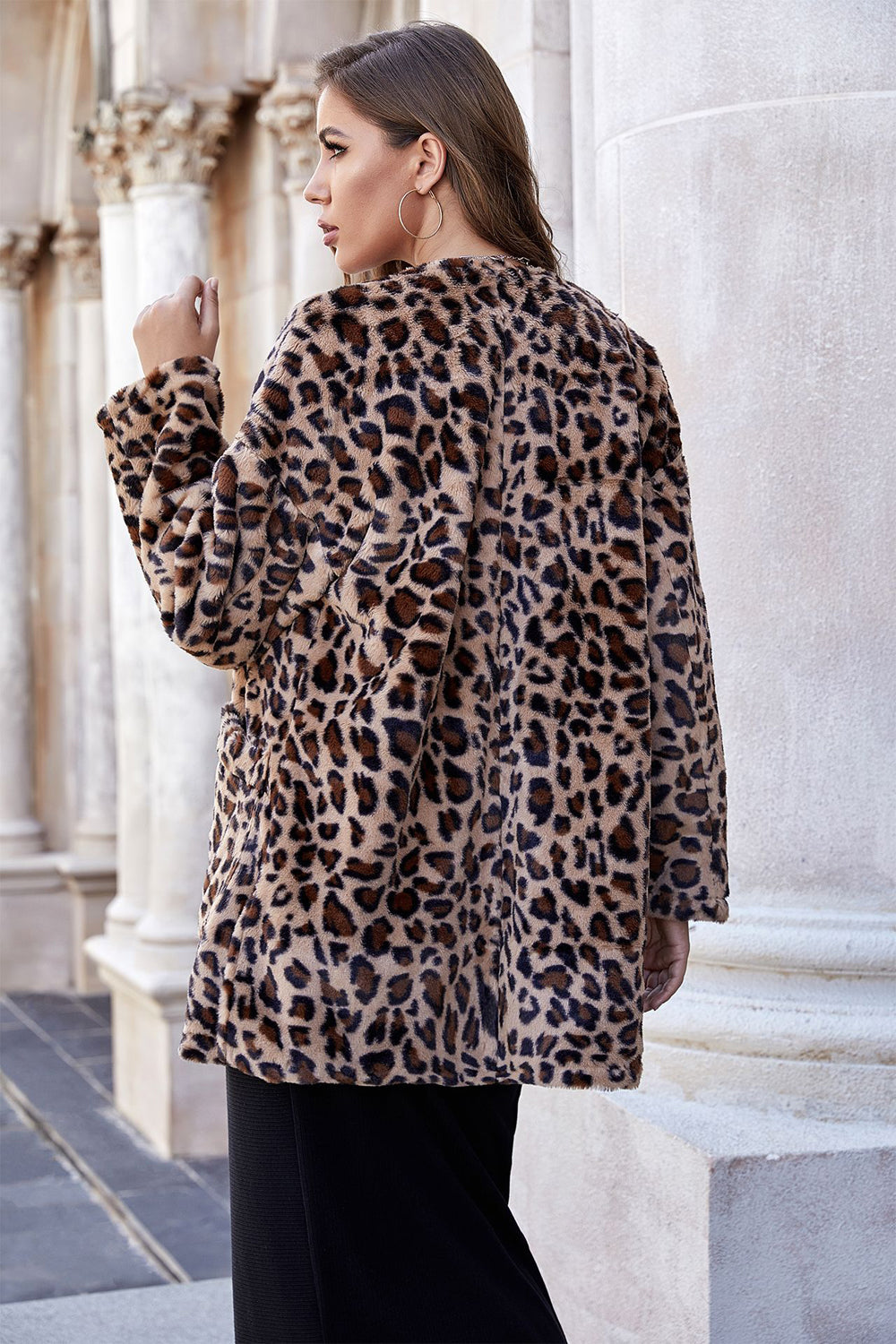 Leopard Print Mid-length Pocket Plush Coat