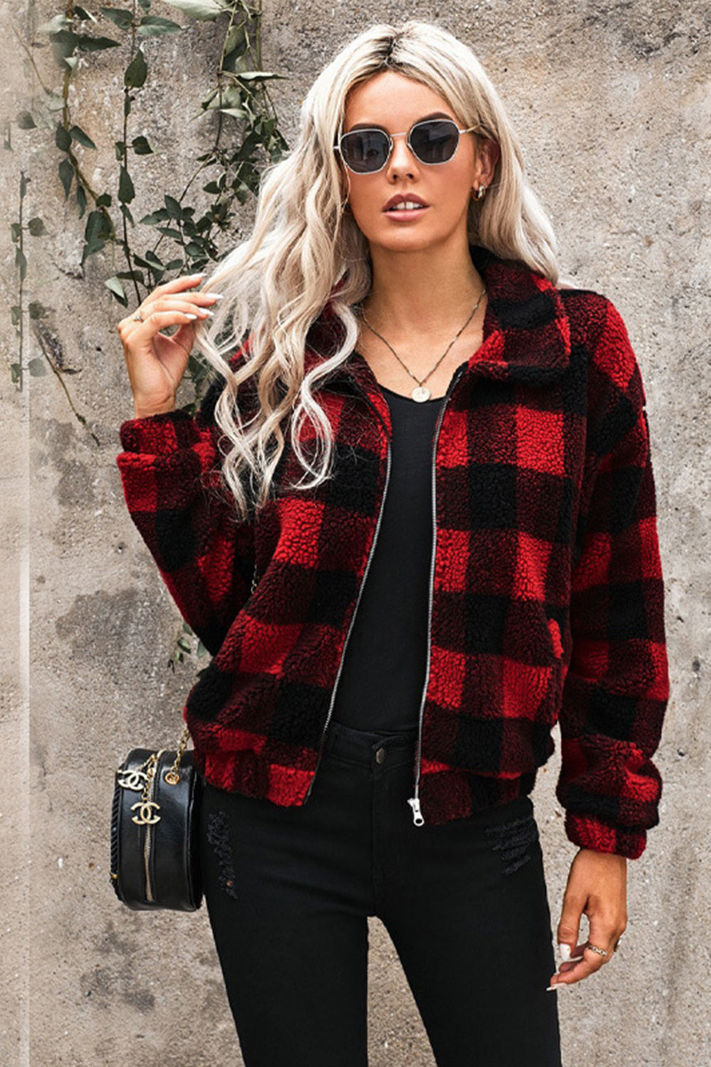 Zipped Pocket Lapel Plaid Plush Coat