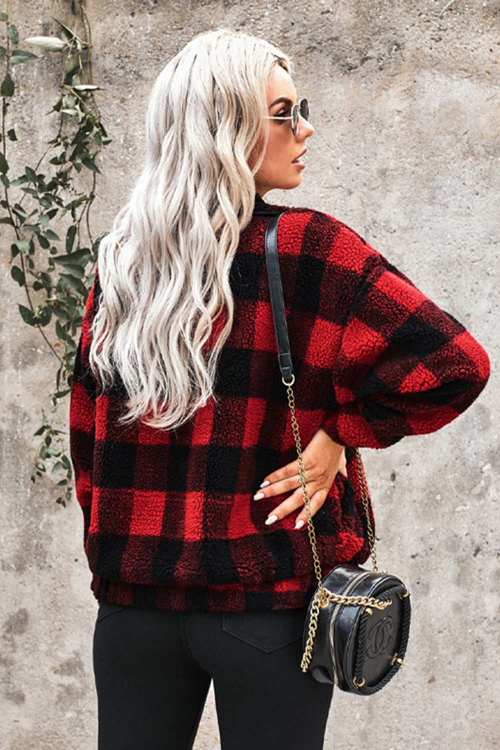 Zipped Pocket Lapel Plaid Plush Coat