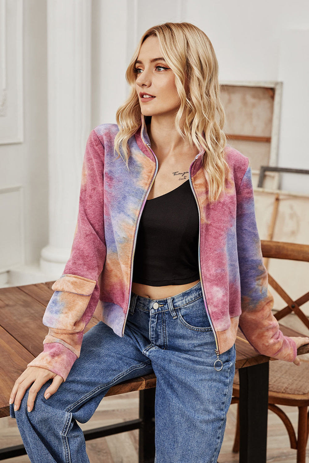 High Collar Color Zipper Tie-dye Jacket