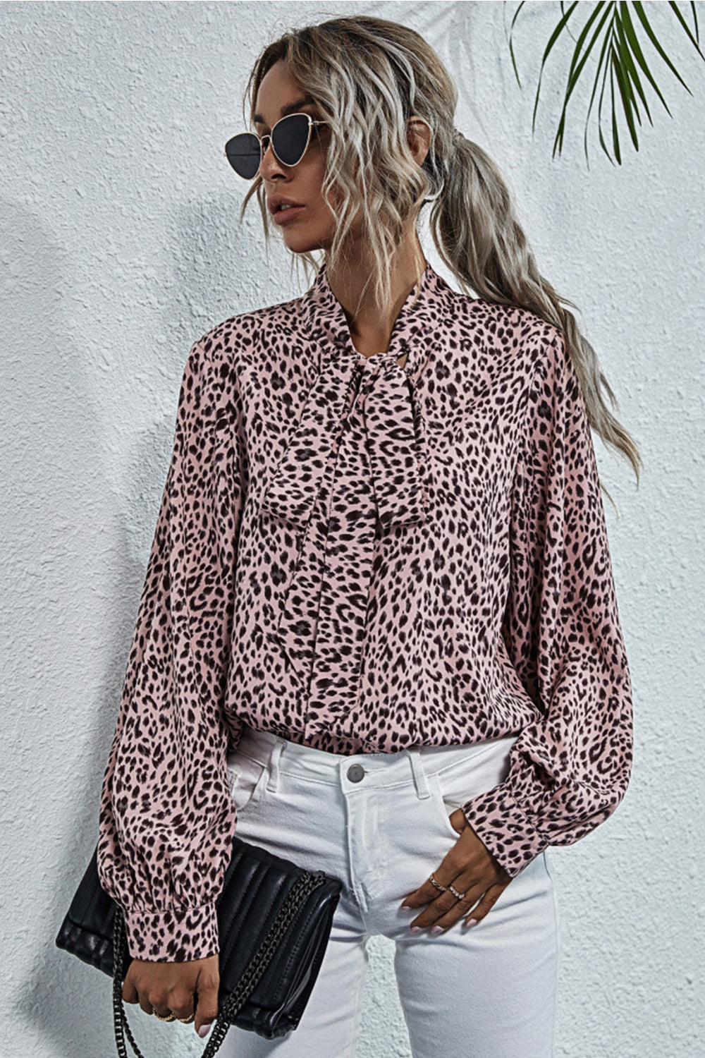 V-neck Bow Leopard Print Shirt