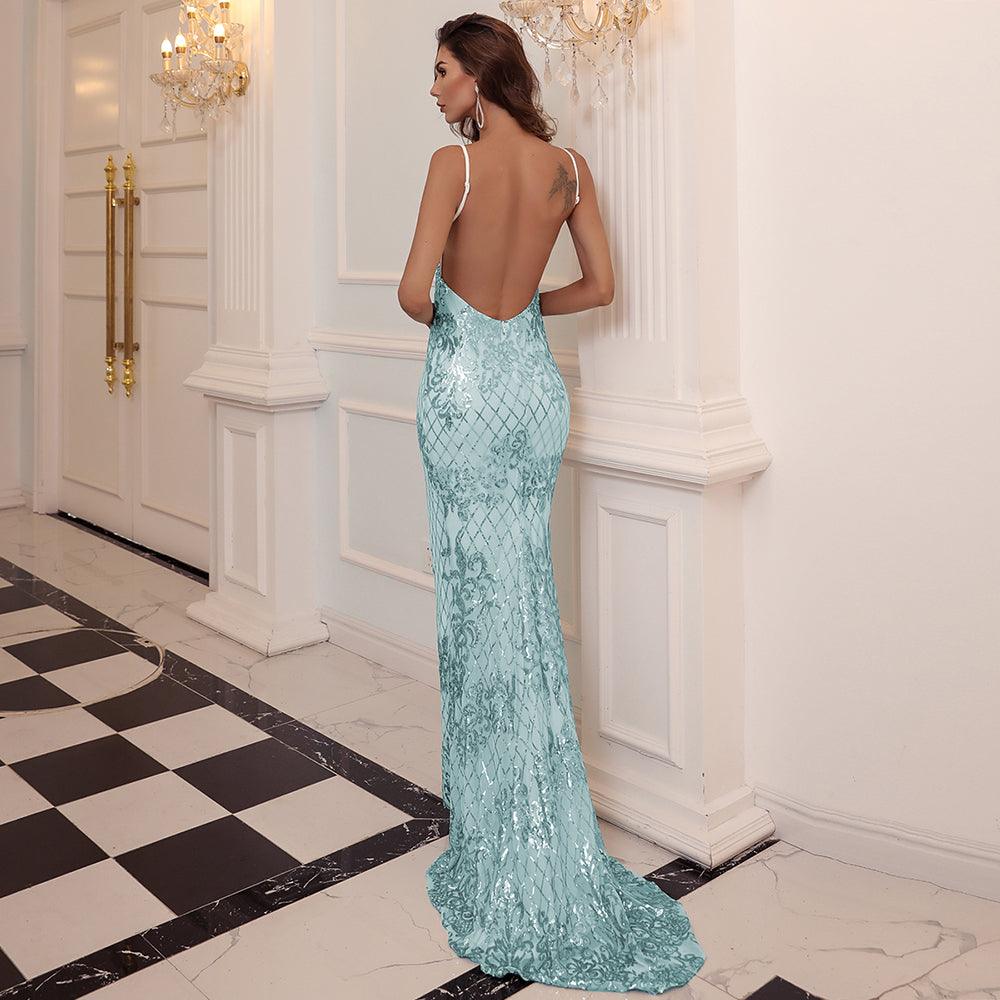 Baby Blue Backless Sequins Dress