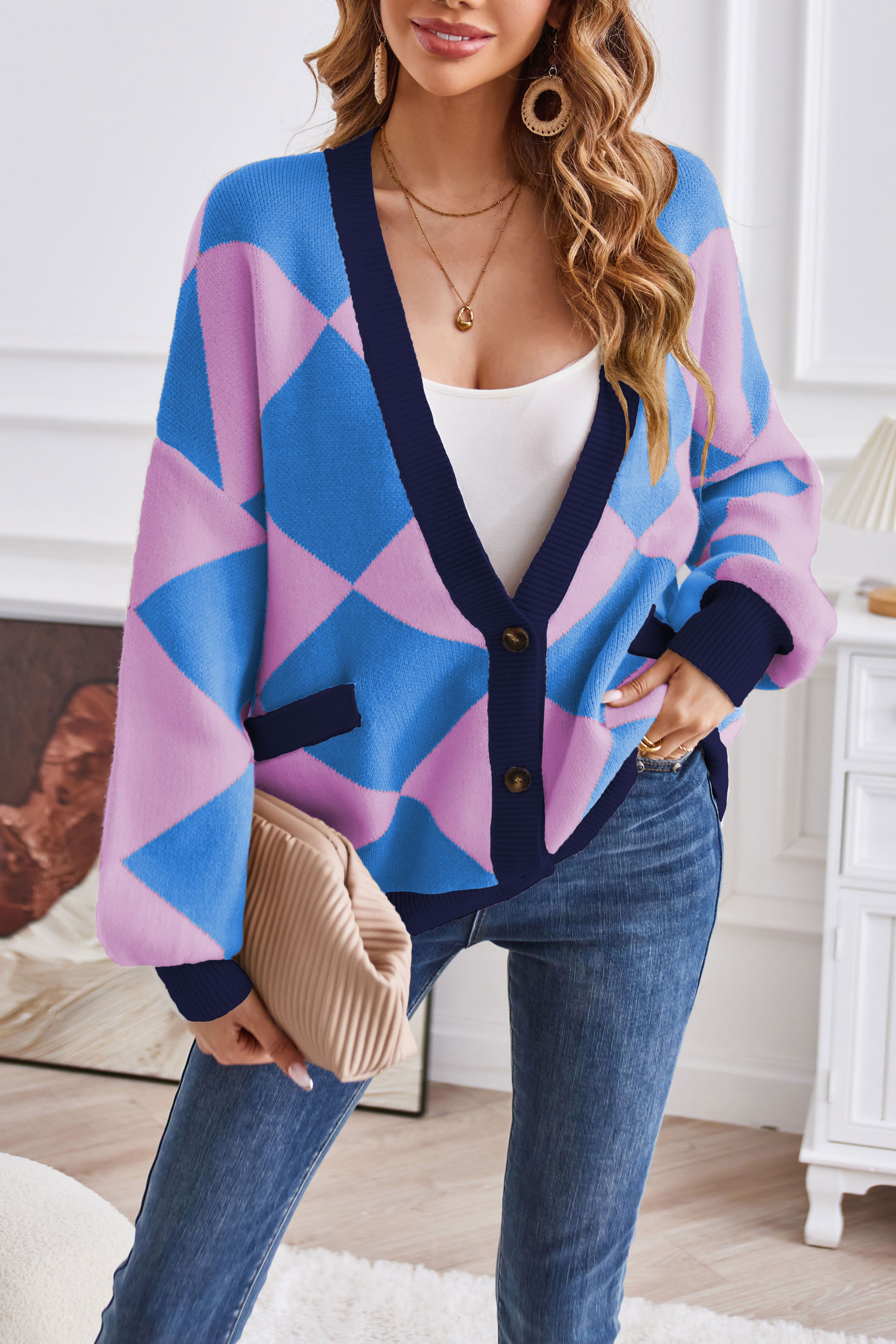 V-neck geometric patchwork contrasting knitted cardigan